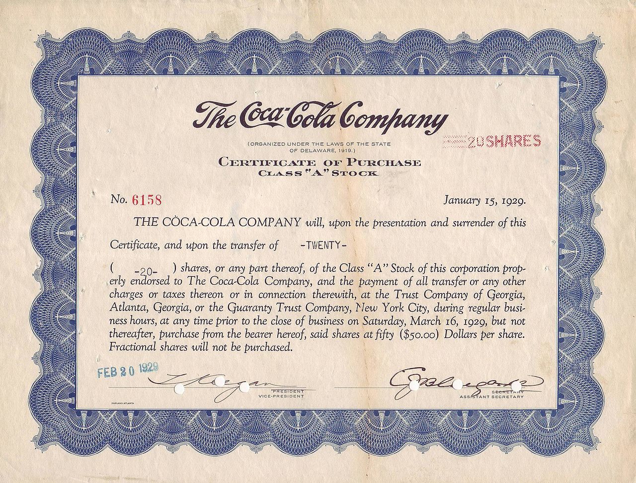 Certificado de compra de veinte acciones clase A de Coca Cola (1929)